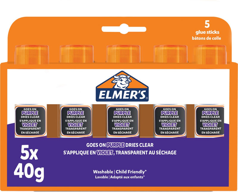 Bâtons de colle Elmer's avec colle violette qui disparaît | sèche incolore | idéal pour l'artisanat et l'école | lavable et adapté aux enfants | 40g | 5 pièces