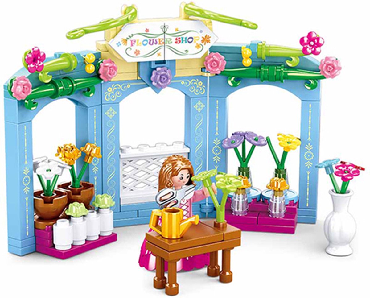 Jouets de construction de fleuriste d'époque du village de Sluban pour enfants à partir de 6 ans - jouets de construction modèle magasin de fleurs - boîte de construction avec 154 blocs de construction et 1 figurine - m38-b0905