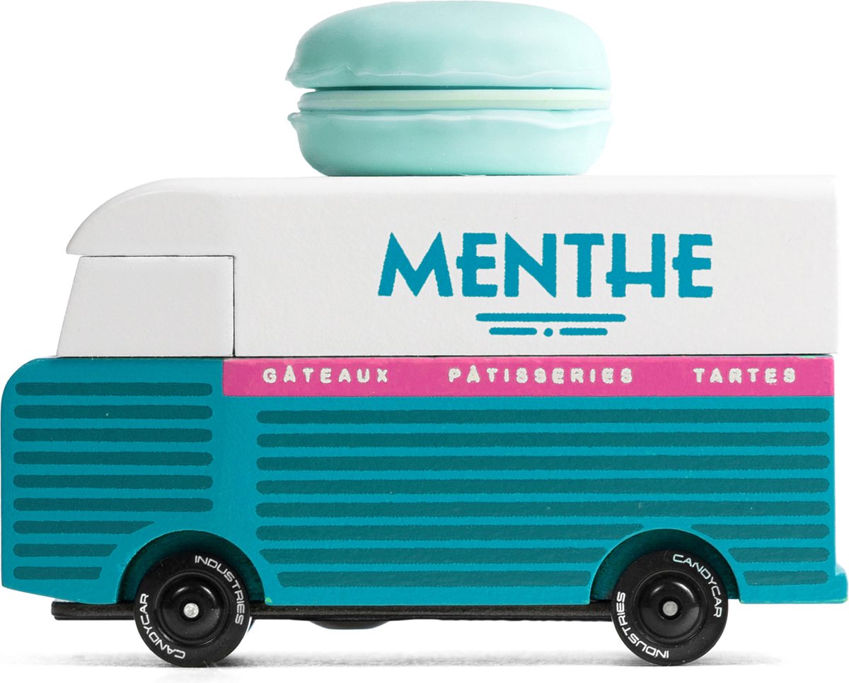 Macaron de bus jouet Candylab en fourgon rétro en bois bleu.