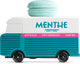Macaron de bus jouet Candylab en fourgon rétro en bois bleu.