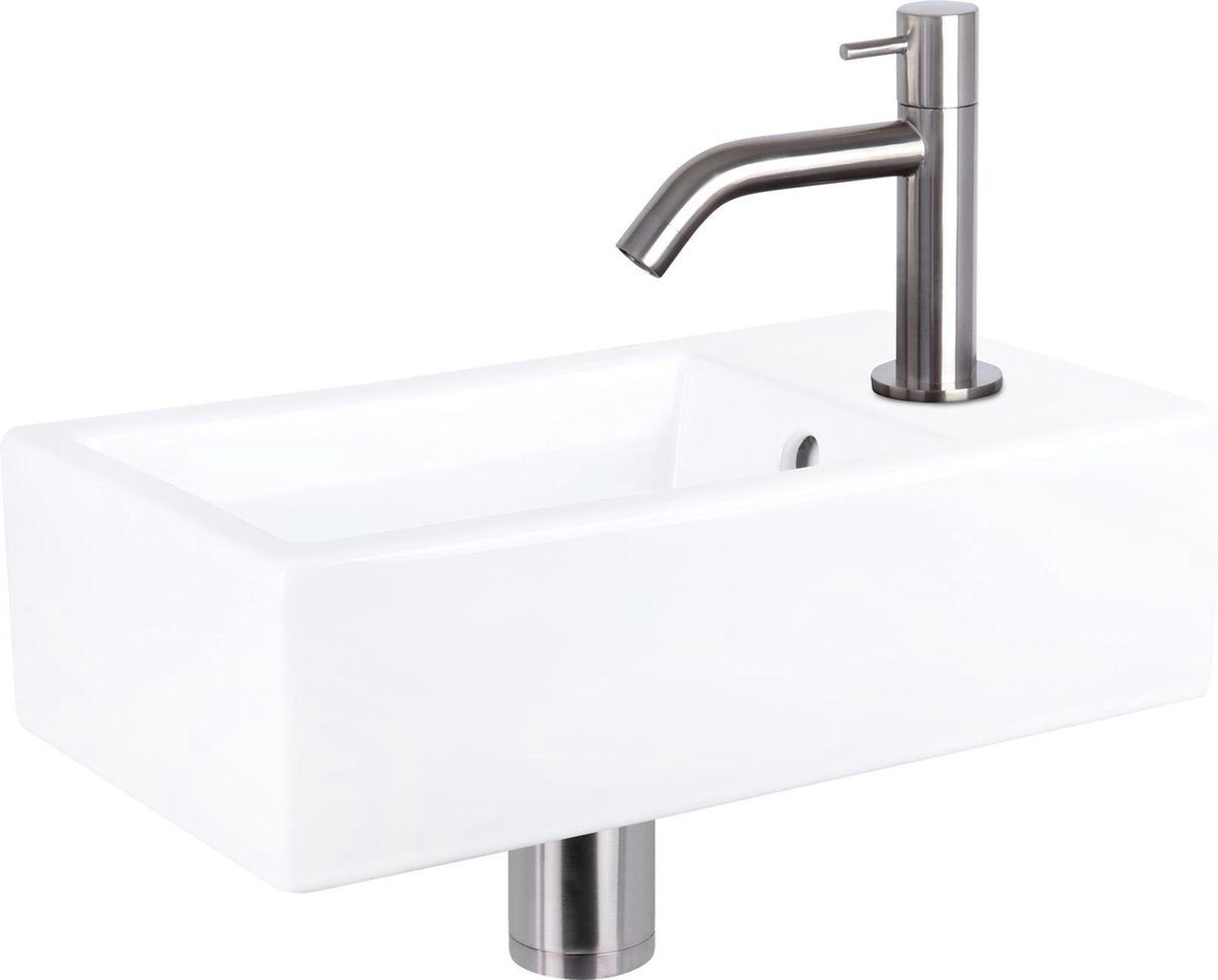 Ensemble fontaine à force Differnz - céramique - robinet courbé chrome mat - 40 x 22 x 11,5 cm