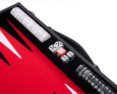 Backgammon Engelhart 18 pouces - plateau incrusté rouge, noir et blanc - étui en cuir artificiel de luxe avec poignée -