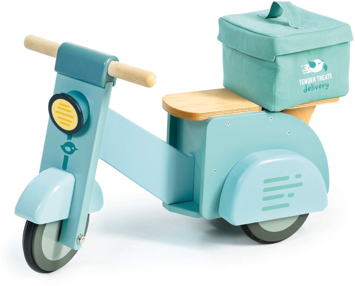 Jouet de scooter de livraison en bois à feuilles tendres avec sac en toile.
