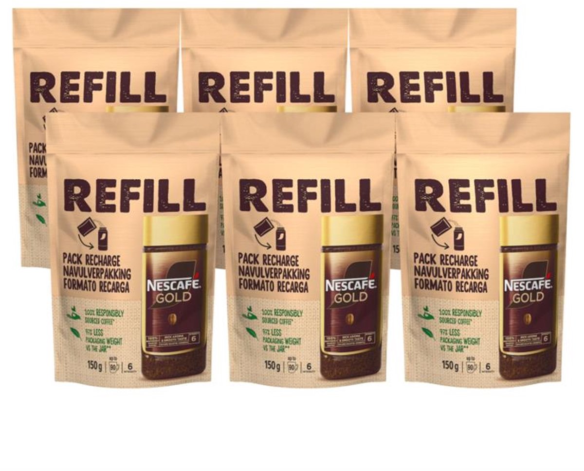 Emballage de recharge Nescafé Gold pour café instantané - 6 sachets x 150g - pack économique