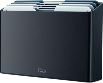 Joseph joseph folio™ ensemble de planches à découper 4 pièces – moyen – bleu clair – code couleur – avec support de rangement – poignées en acier inoxydable