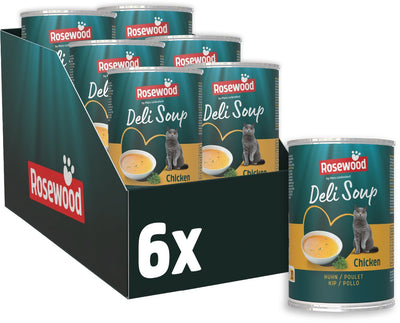 Soupe de charcuterie au bois de rose poulet - snack pour chat en bouillon - avec de tendres morceaux de poulet - bien sûr sans sel ni sucre ajoutés - 135ml x 6 pièces
