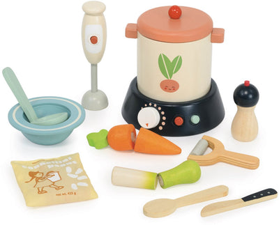 Machine à soupe en bois à feuilles tendres avec accessoires - jouets de cuisine colorés.