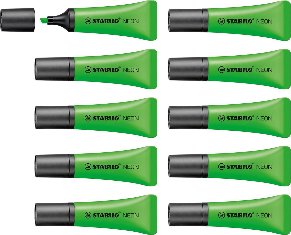 Stabilo néon - surligneur - forme tube unique - vert - boîte de 10 pièces