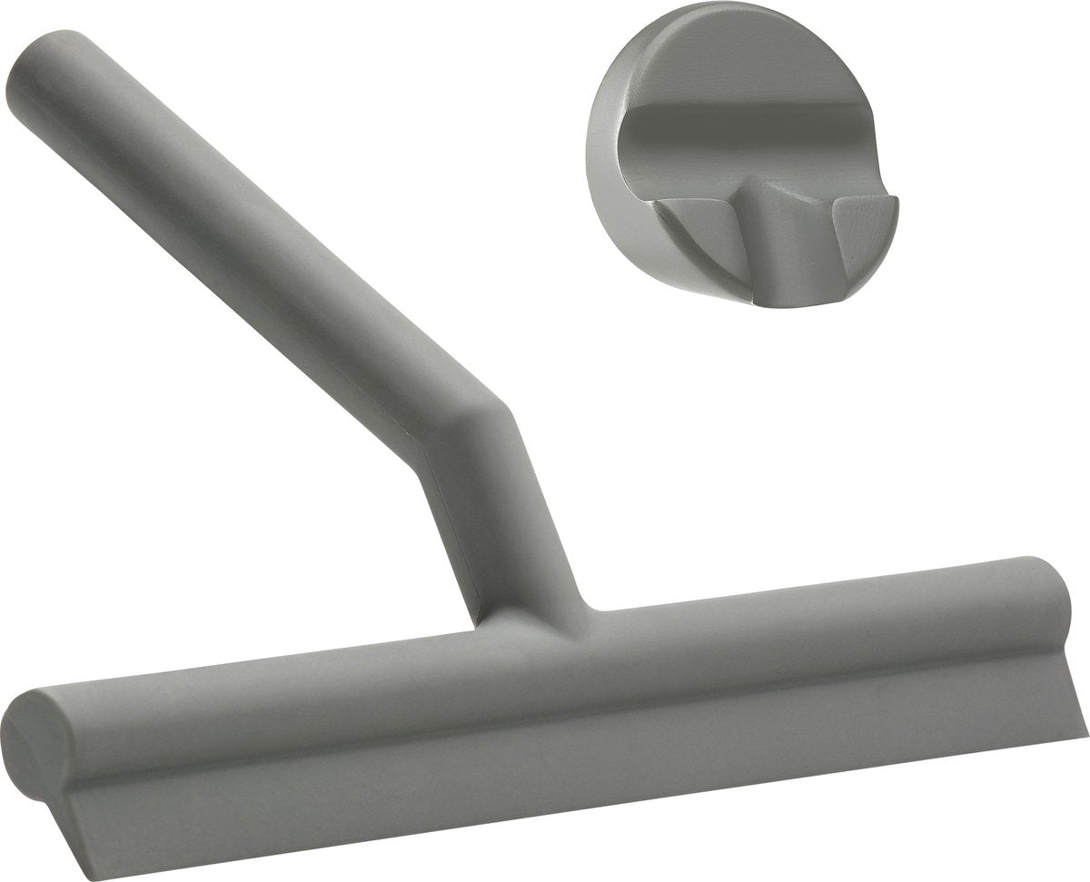 Zone Denmark Solo Raclette de douche - Raclette de douche avec support - Crochet de suspension autocollant - Raclette de douche en silicone - Accessoire de salle de bain - Design antirouille - Gris - 21 x 17 x 3,5 cm