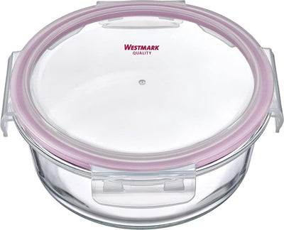 Récipient alimentaire en verre Westmark, rond, volume de remplissage : 650 ml, passe au micro-ondes et au four, verre silicone plastique, rouge transparent