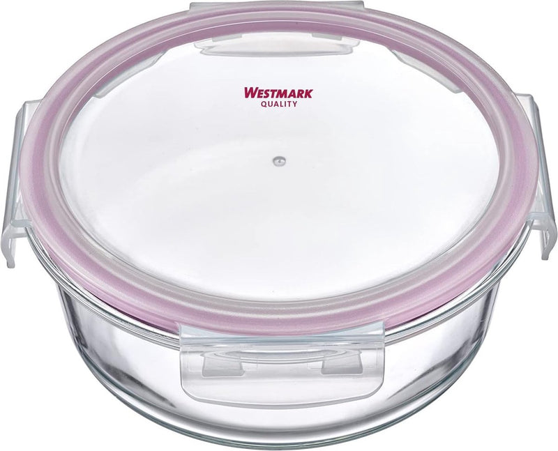 Récipient alimentaire en verre Westmark, rond, volume de remplissage : 650 ml, passe au micro-ondes et au four, verre silicone plastique, rouge transparent