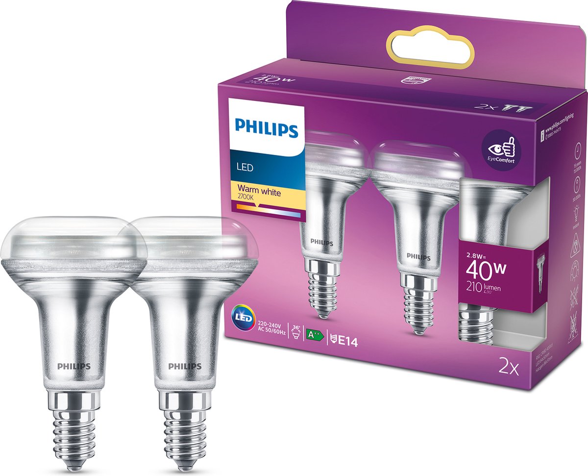 Réflecteur LED Philips économe en énergie - 40 W - E14 - lumière blanc chaud - 2 pièces - économisez sur les coûts énergétiques