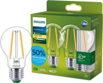 Philips LED Lampe LED ultra-efficace Philips - 40W - culot E27 - lumière blanc chaud : 2700k - dimmable - verre transparent - forme de lampe A60 - longue durée de vie
