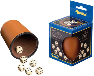 Coupelle à dés Philos simili cuir avec 6 dés accessoire de jeu marron.