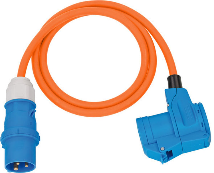 Câble adaptateur cee camping Brennerstuhl avec fiche cee et raccord coudé incl. Prise combinée à contact de sécurité (câble de 1,5 m en orange, 230 V 16 A, pour utilisation en extérieur, fabriquée en Allemagne)