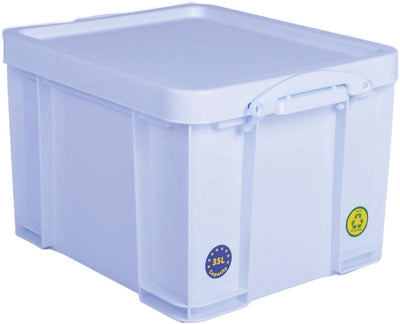 Boîte de rangement vraiment utile 35 litres | blanc fluo avec poignées blanches