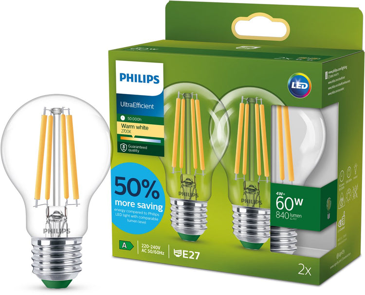 Lampe LED Philips transparente - 60 W - E27 - lumière blanc chaud - pack de 2 - économisez sur les coûts énergétiques