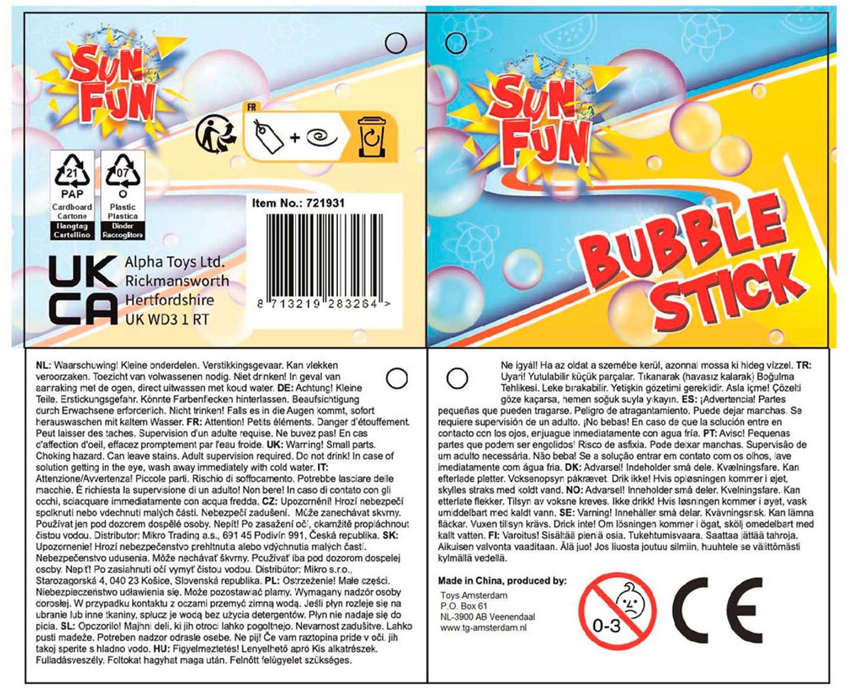 Sun Fun Bubble Blow Stick 120 ml 37cm, 24e.