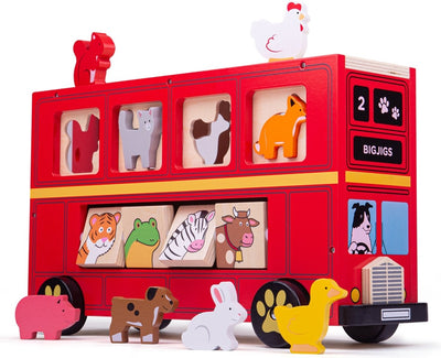 Bigjigs trieur de formes en bois bus animal rouge - 21 pcs.