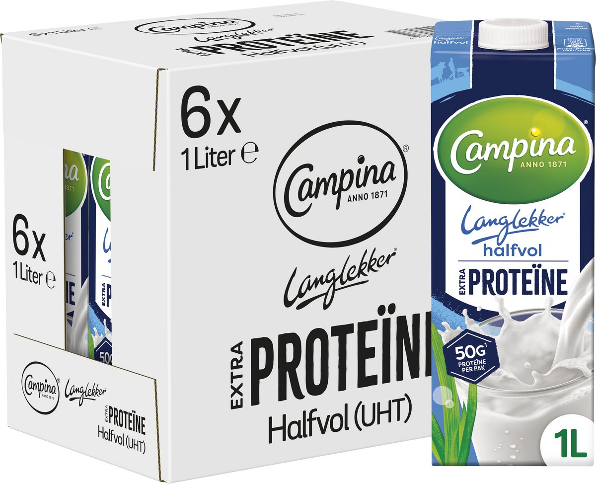 Campina au goût long – lait demi-écrémé – extra protéiné – 6 x 1 l – pack économique