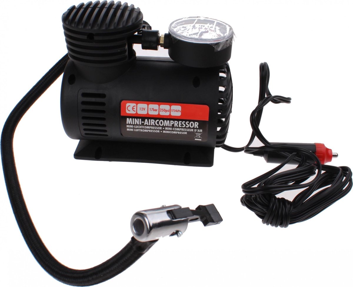 Mini compresseur d'air Carpoint - gonfleur de pneus - maximum 17bar ou 250psi - divers adaptateurs - gonflage de jouets gonflables (football) ballons - longueur de câble 3 mètres