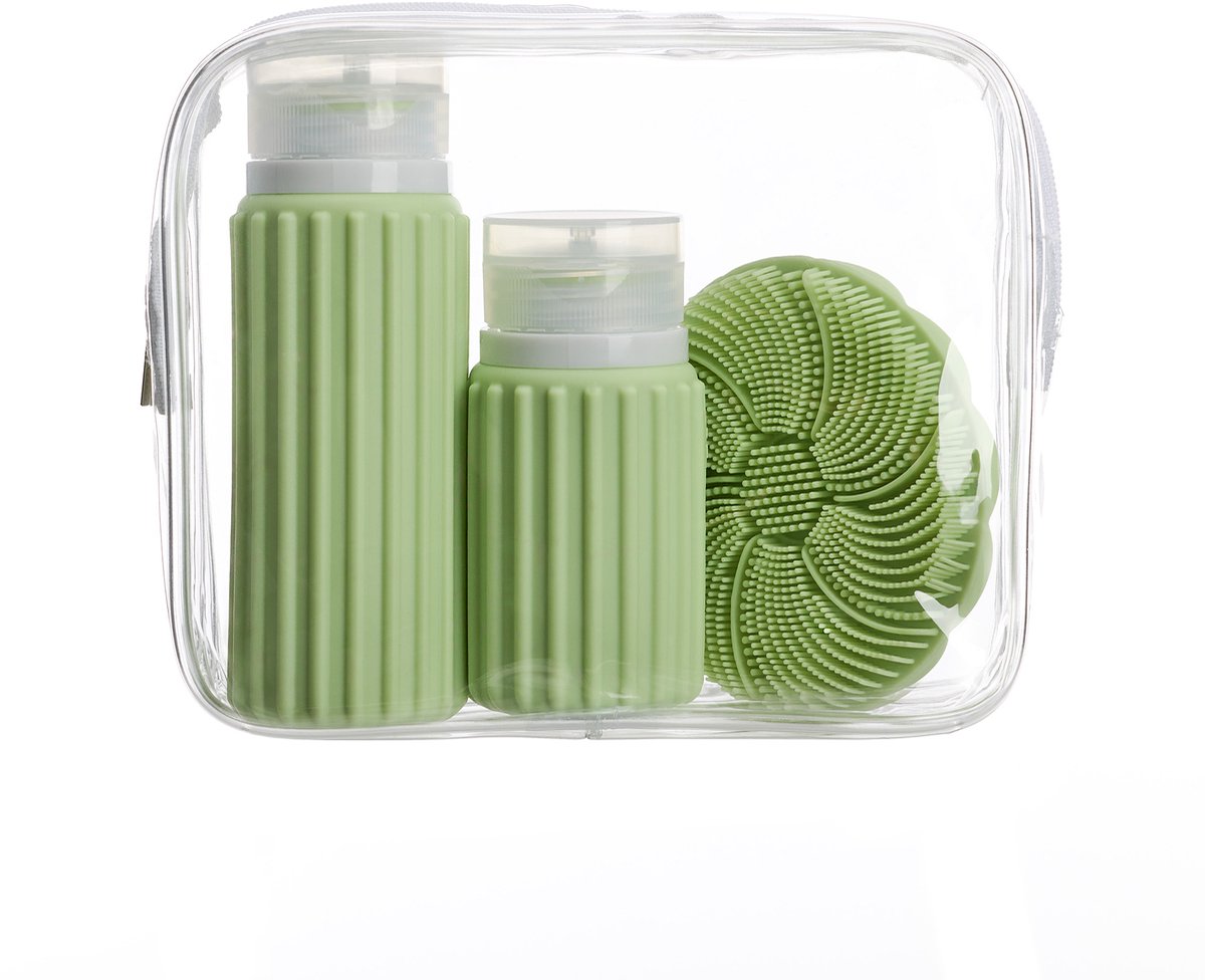 Sac de voyage Muitomas + brosse visage + 2 flacons – compact – sac transparent étanche – flacons de voyage en silicone – vert
