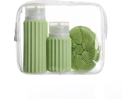 Sac de voyage Muitomas + brosse visage + 2 flacons – compact – sac transparent étanche – flacons de voyage en silicone – vert