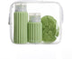 Sac de voyage Muitomas + brosse visage + 2 flacons – compact – sac transparent étanche – flacons de voyage en silicone – vert
