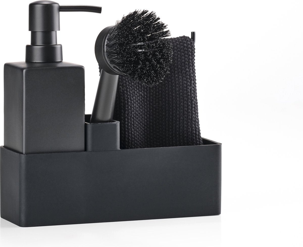 Zone Denmark set de vaisselle 19 x 6 x 20,5 cm avec torchon, distributeur de savon en céramique, brosse à vaisselle et organiseur de cuisine - 4 pièces noir - set de vaisselle