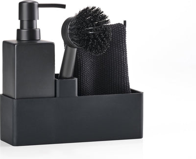 Zone Denmark set de vaisselle 19 x 6 x 20,5 cm avec torchon, distributeur de savon en céramique, brosse à vaisselle et organiseur de cuisine - 4 pièces noir - set de vaisselle