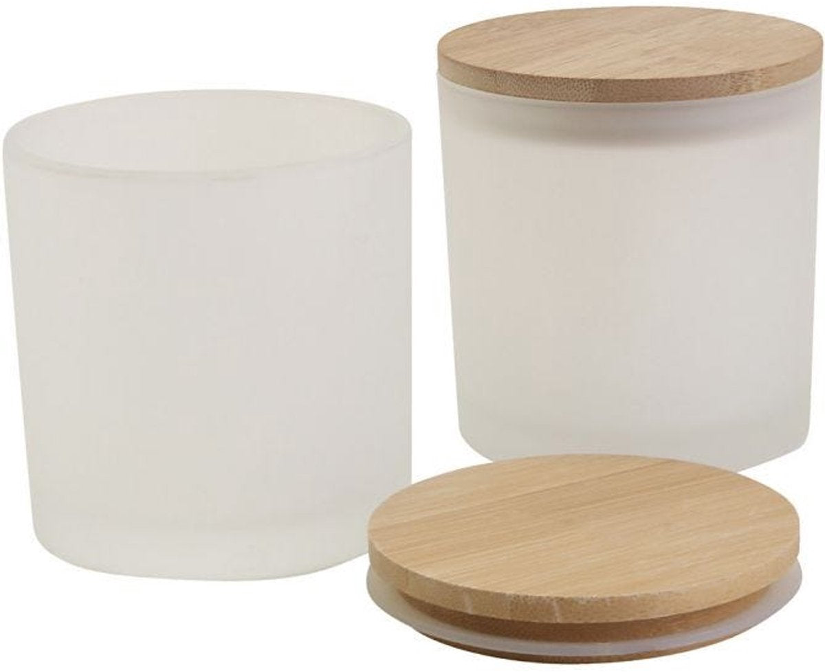 Pots en verre avec couvercles en bois, h: 9 cm, D 8 cm, dim 8 cm, 315 ml, 12 pièces 1 boîte