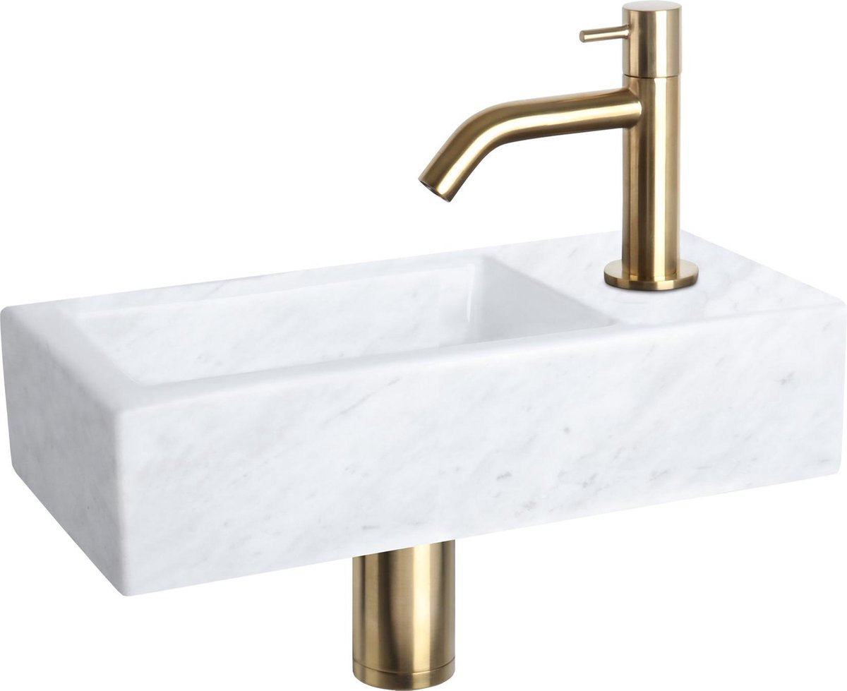 Ensemble fontaine Differnz Helios - 37,5x18,5x9,5cm - rectangle - 1 trou de robinetterie - robinet courbé or mat - marbre pierre minérale