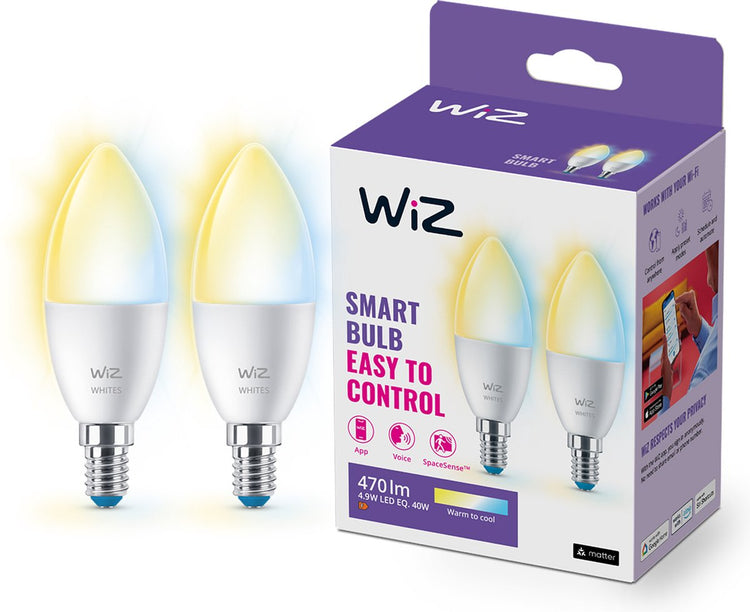 Lampe bougie Wiz, pack de 2 - lumière blanche chaude à froide - éclairage LED intelligent - culot E14 - 40w - mat - wi-fi