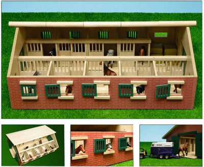 Kids Globe Globe Horse Stable Stable Wood avec 9 boîtes à cheval 1:32