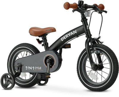Vélo enfant de luxe Deryan 12 pouces - 3 en 1 - draisienne - noir