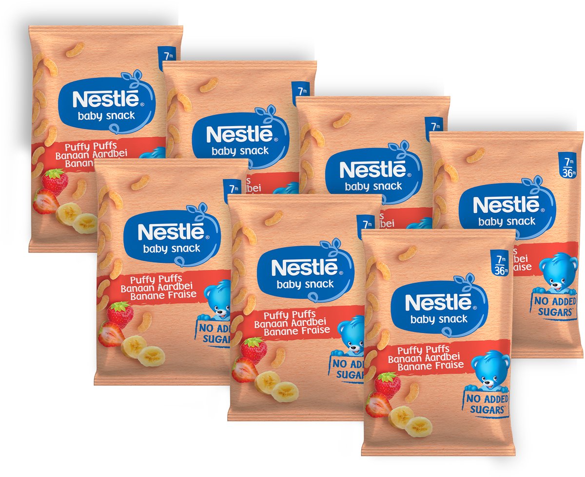 Nestlé baby snack puffy puffs banane fraise - snacks alimentaires pour bébés 7 mois+ - 7 sachets x 28g