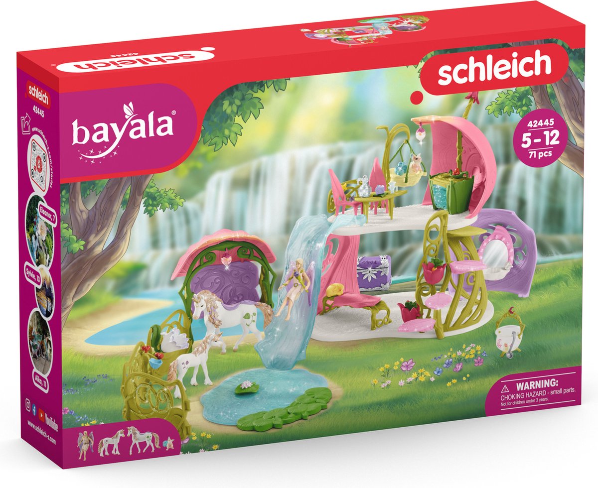 Schleich bayala - maison fleurie scintillante - jouet pour enfants - avec licorne, elfes, lac et écurie - 71 pièces