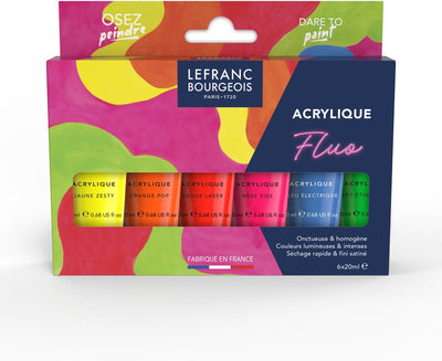 Lefranc bourgeois 302129 set acrylique fin fluo - 6 x 20 ml - peinture acrylique fluo - set de couleurs fluo (jaune fluo, orange fluo, rouge fluo, rose fluo, bleu fluo, vert fluo)