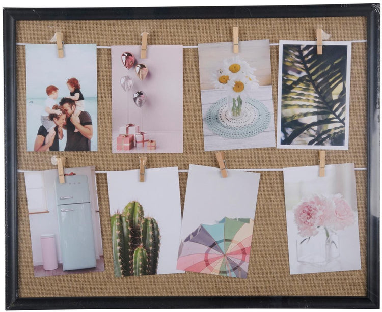 Cadre Arti casa avec 8 clips - porte-photo et carte - décoration murale avec corde et piquets - 50 x 40 cm - noir