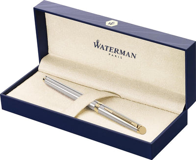 Stylo plume Waterman hémisphère | acier inoxydable avec bord en or 23 carats | plume fine | encre noire | emballage cadeau