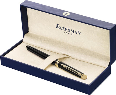 Stylo plume Waterman hémisphère | noir brillant avec bord en or 23 carats | plume moyenne | encre bleue | emballage cadeau