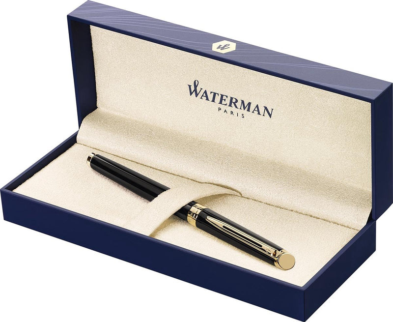 Stylo plume Waterman hémisphère | noir brillant avec bord en or 23 carats | plume moyenne | encre bleue | emballage cadeau