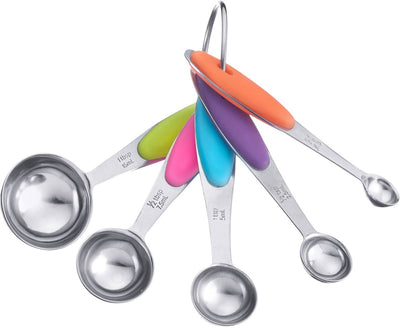 Westmark 5 cuillères doseuses, set, reliées à un anneau, pour 1,25 ml, 2,5 ml, 5 ml, 7,5 ml, 15 ml, acier inoxydable silicone, pendolino, argent vert rose bleu violet orange, 30602270