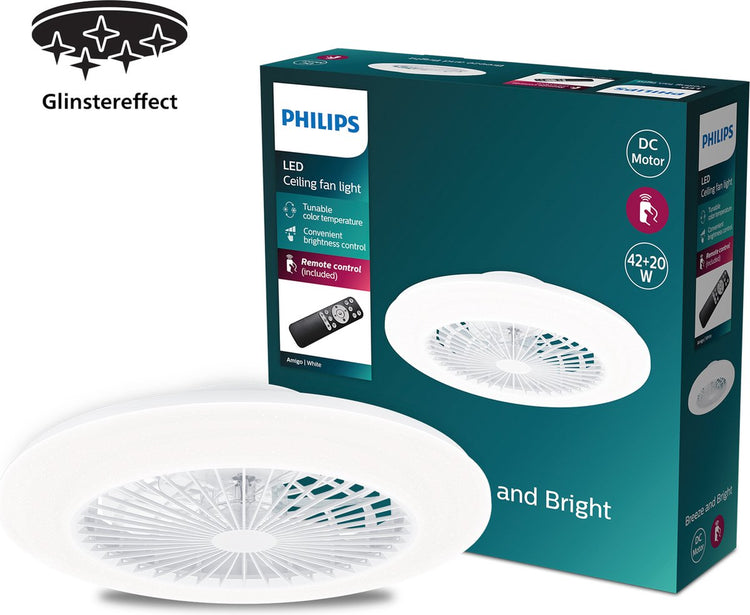 Philips LED Ventilateur Philips Amigo - éclairage LED économe en énergie - plafonnier - température de couleur réglable - diamètre 48,5 cm - télécommande - blanc avec effet pailleté