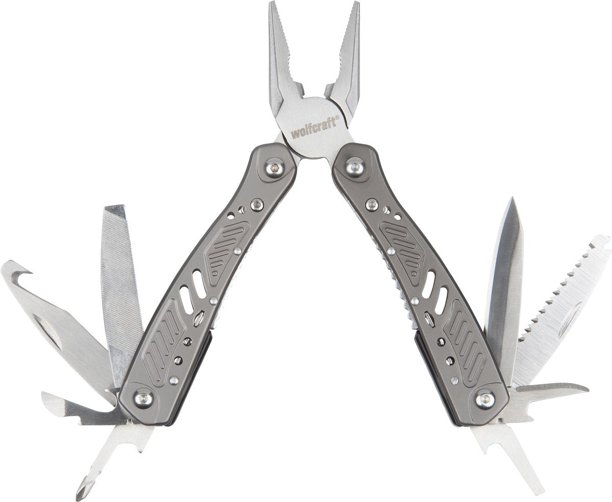 Wolfcraft - couteau de poche multi-outils avec étui - multifonctionnel 13 en 1 - survie - argent - 4080000