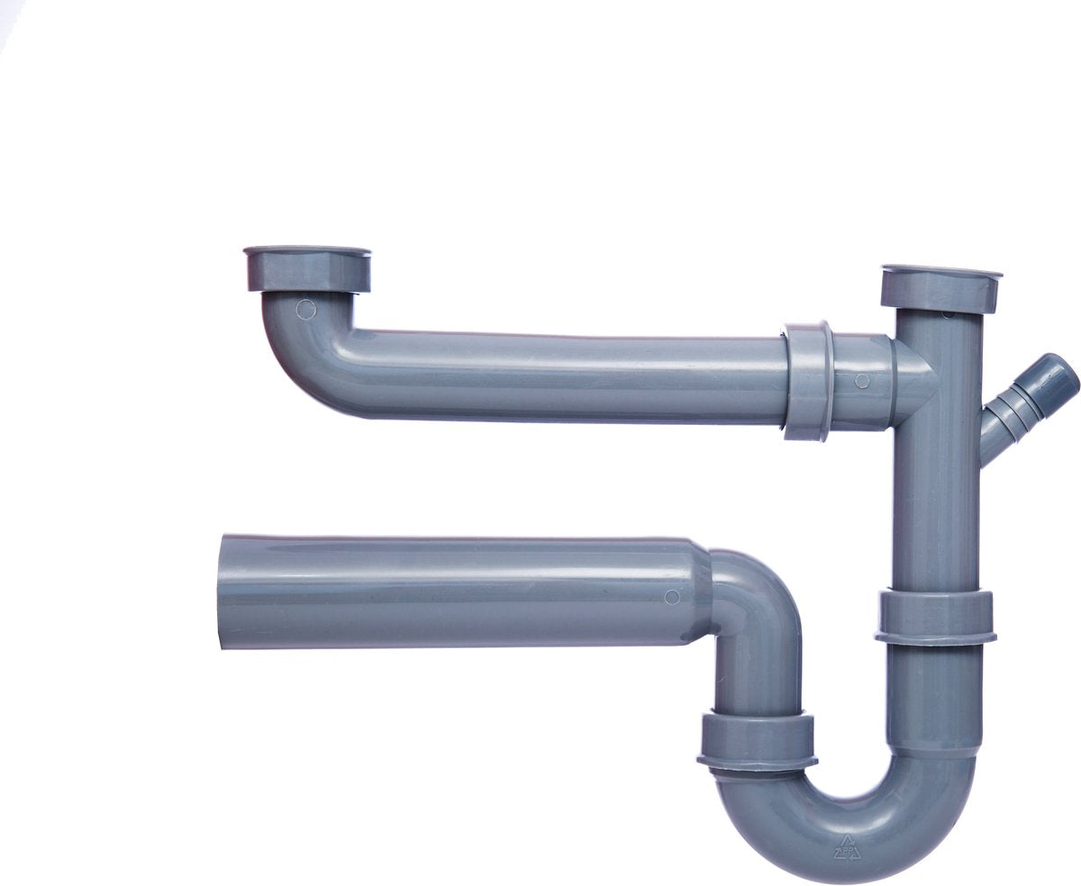 Siphon en plastique Kirchhoff eco-save pour évier double - gris - 1 1 2 bi x 50 mm - avec raccordement 3 4 appareils