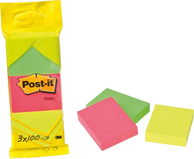 Notes Post-it, pi 38 x 51 mm, 100 feuilles, blister de 3 blocs jaune fluo, rose et vert - notes autocollantes