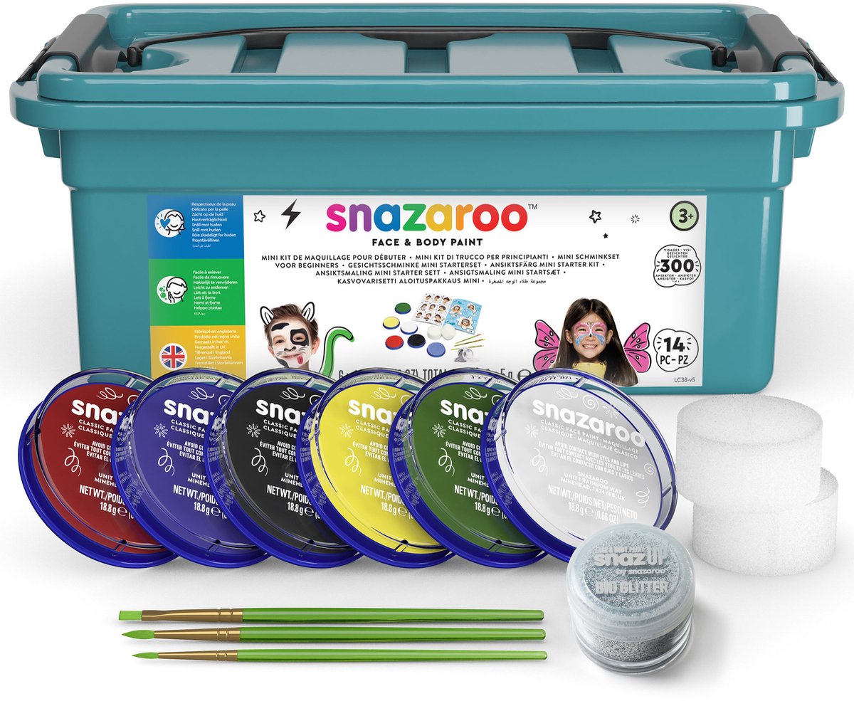 Snazaroo 1172018 mini kit de démarrage peinture pour le visage aqua - peinture pour le visage adulte enfant - hypoallergénique - fasching halloween - 14 pièces