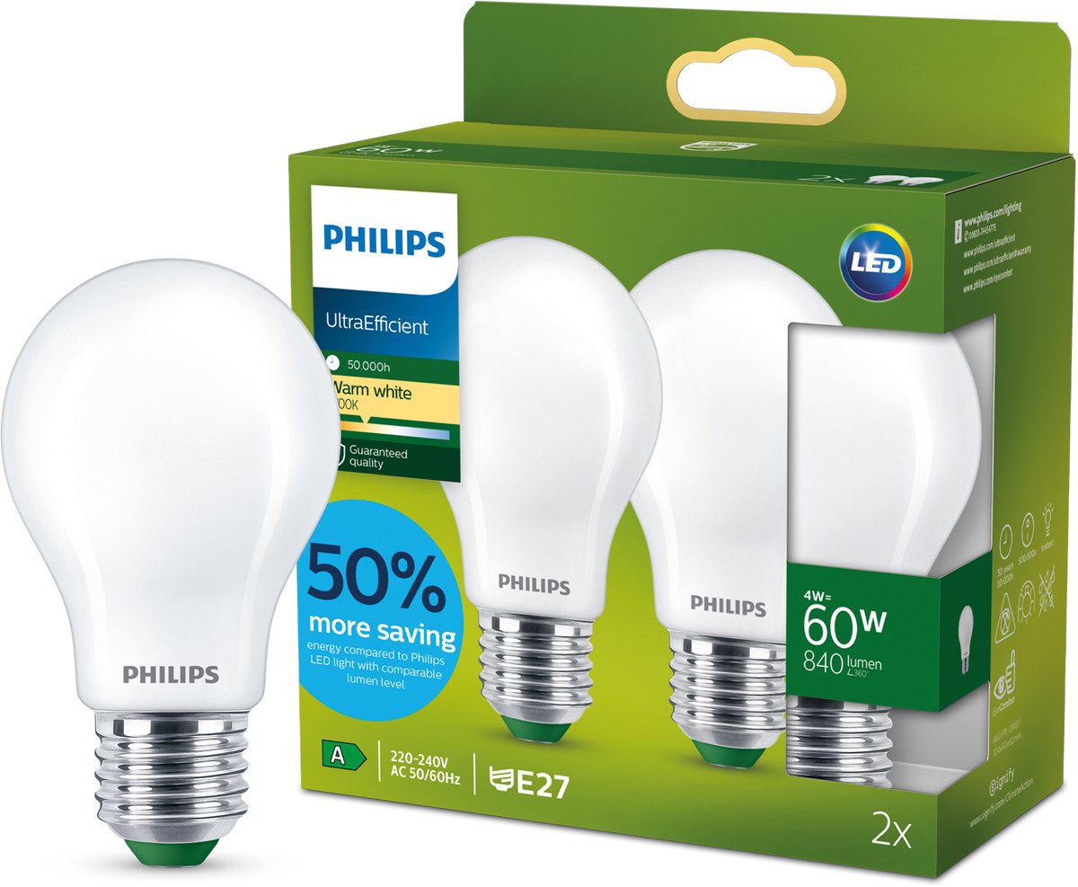 Philips LED Lampe LED ultra efficace Philips mate - 60 W - E27 - lumière blanc chaud - lot de 2 - économisez sur les coûts énergétiques