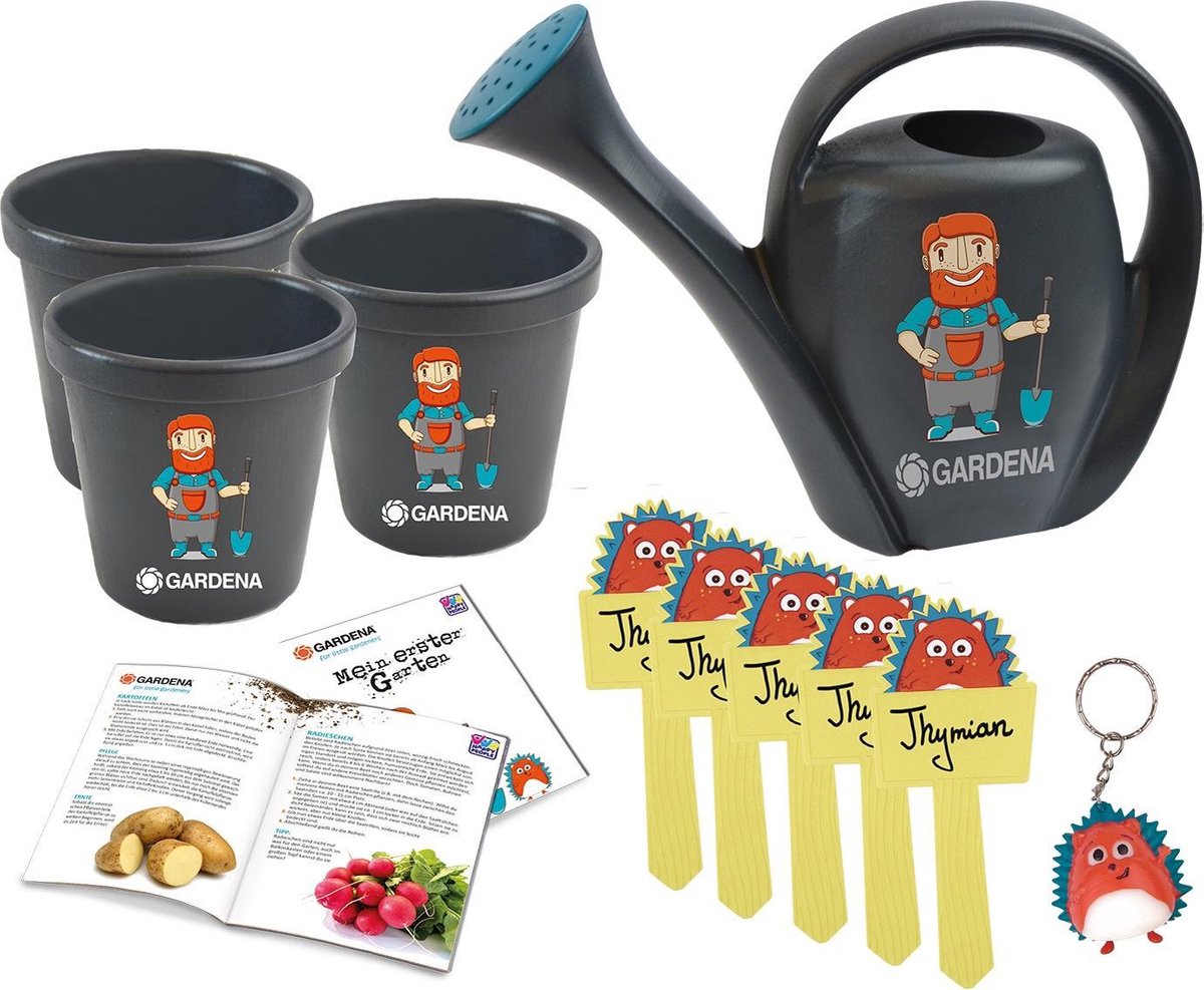 Happy people gardena ensemble d'outils de jardin pour enfants - jouets de jardin pour enfants - outils de jardin pour enfants avec arrosoir, pots de fleurs et étiquettes de plantes - jouets d'extérieur ensemble de jouets de jardin